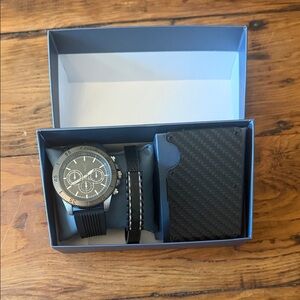 Men's Black Chronograph Watch Gift Set with Carbon Fiber Wallet